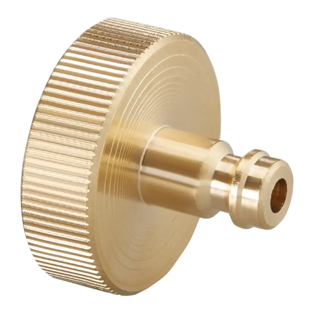 Messadapter mit Steckkupplung und Innengewinde von Oventrop, zur Verbindung mit Entleer- und Füllwerkzeugen sowie KFE-Hähnen. Goldfarbene Metalloberfläche.